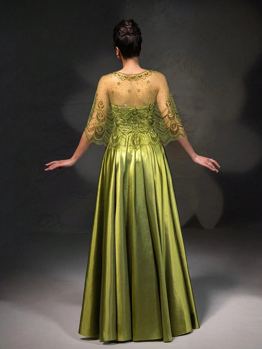 Conjunto de vestido y vestido elegante con chal de encaje verde oliva