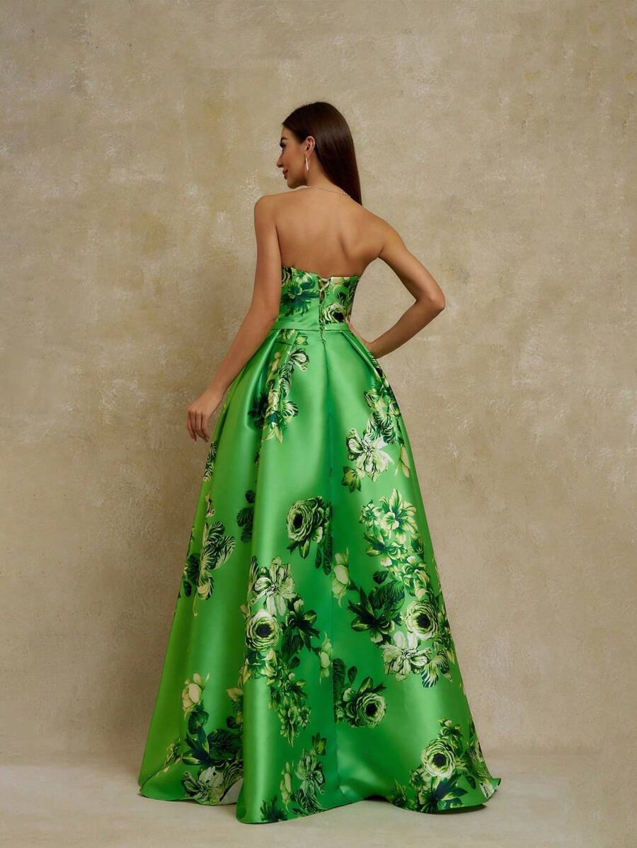 Vestido de noche largo con estampado floral de lazo verde de Anymoon