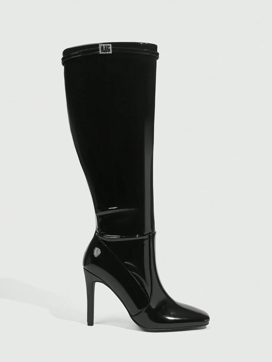 Botas altas patentado negro de moda para mujer, tacones altos