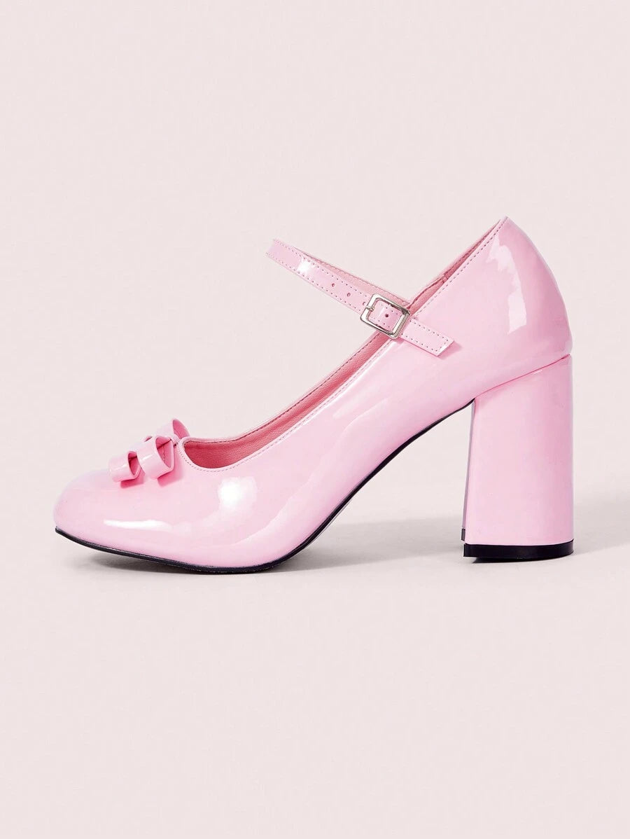 Zapatos de tacón grueso con lazo rosa para mujer