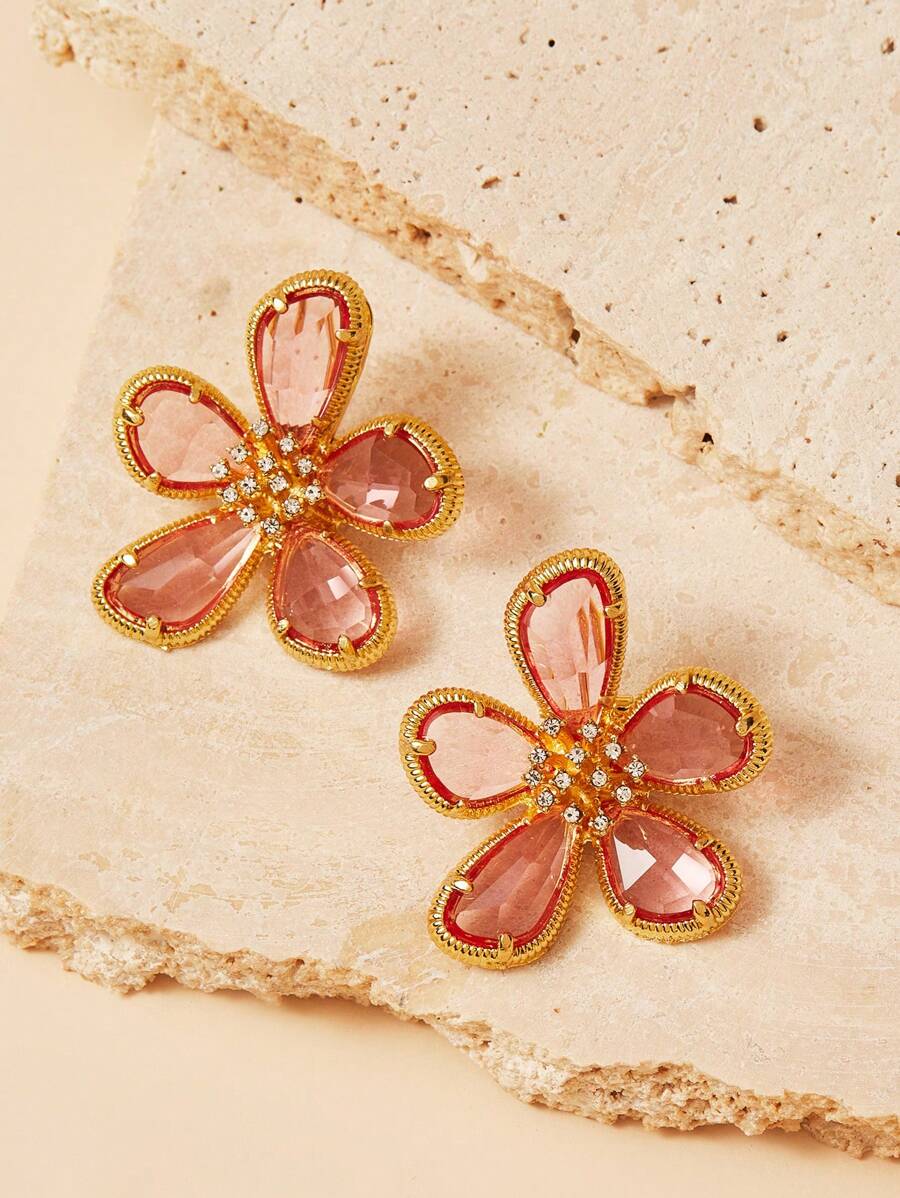 Pendientes con flor rosa enchapados en oro de 18K