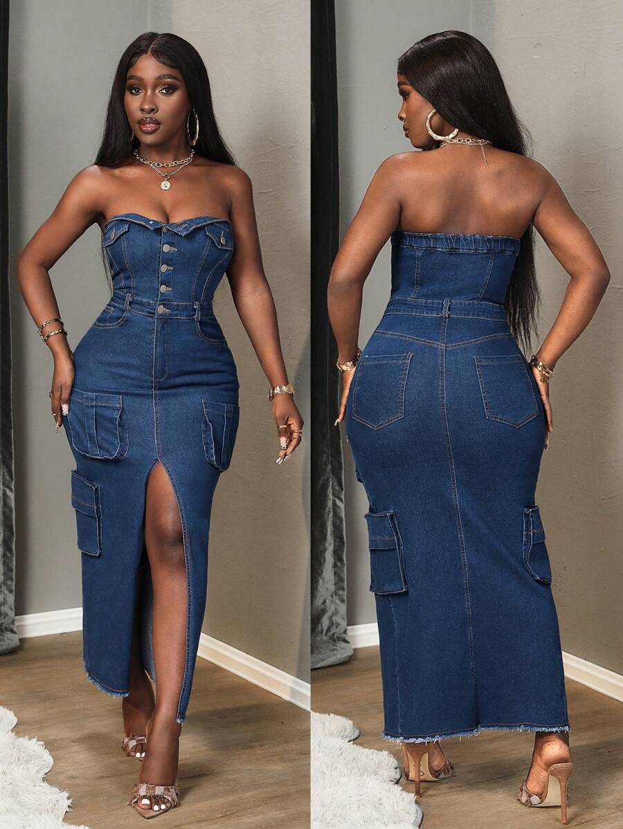 Vestido tubo de denim ajustado con abertura lateral de moda