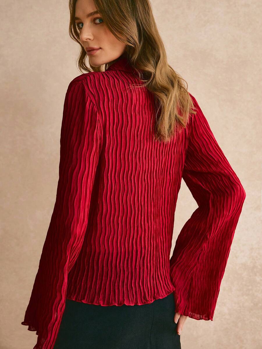 Camisa plisada roja para mujer, camisa de gasa de unicolor con cuello con textura