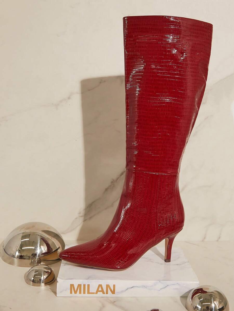 Bota alta sexy de tacón fino y puntiagudo, estilo de moda elegante rojo