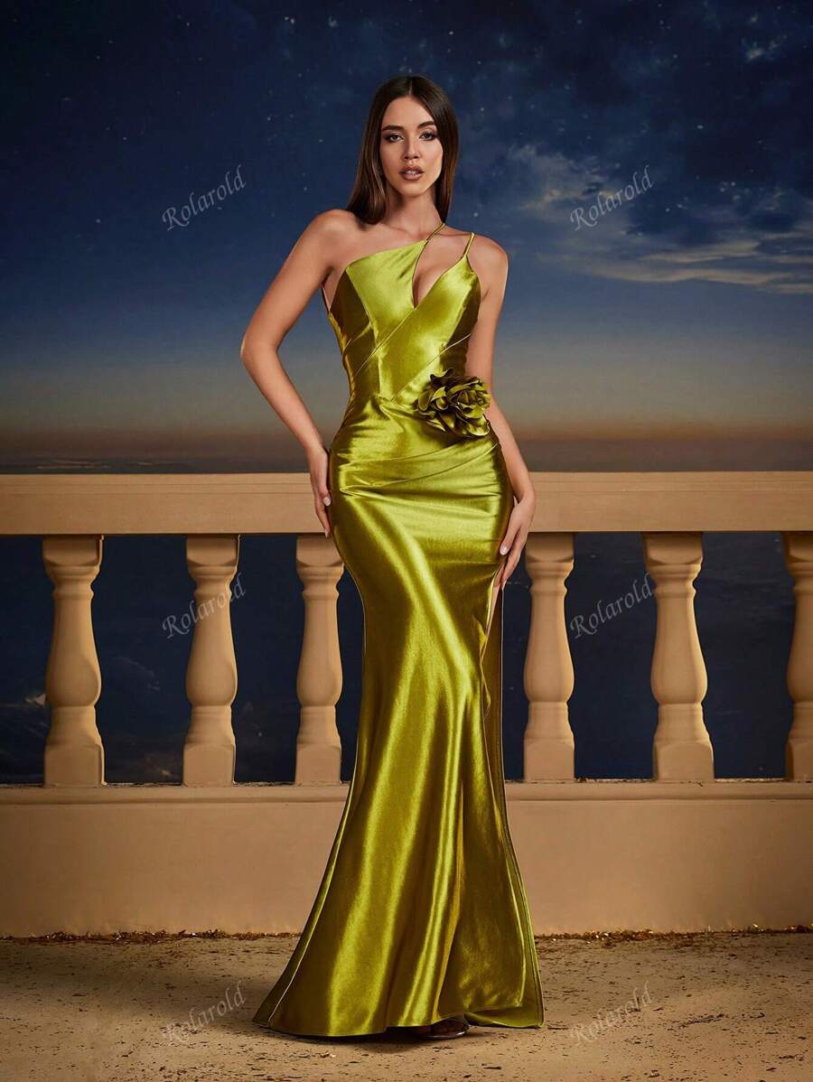 Vestido de satén formal largo de dama de honor con cuello asimétrico, hombros descubiertos, diseño floral 3D