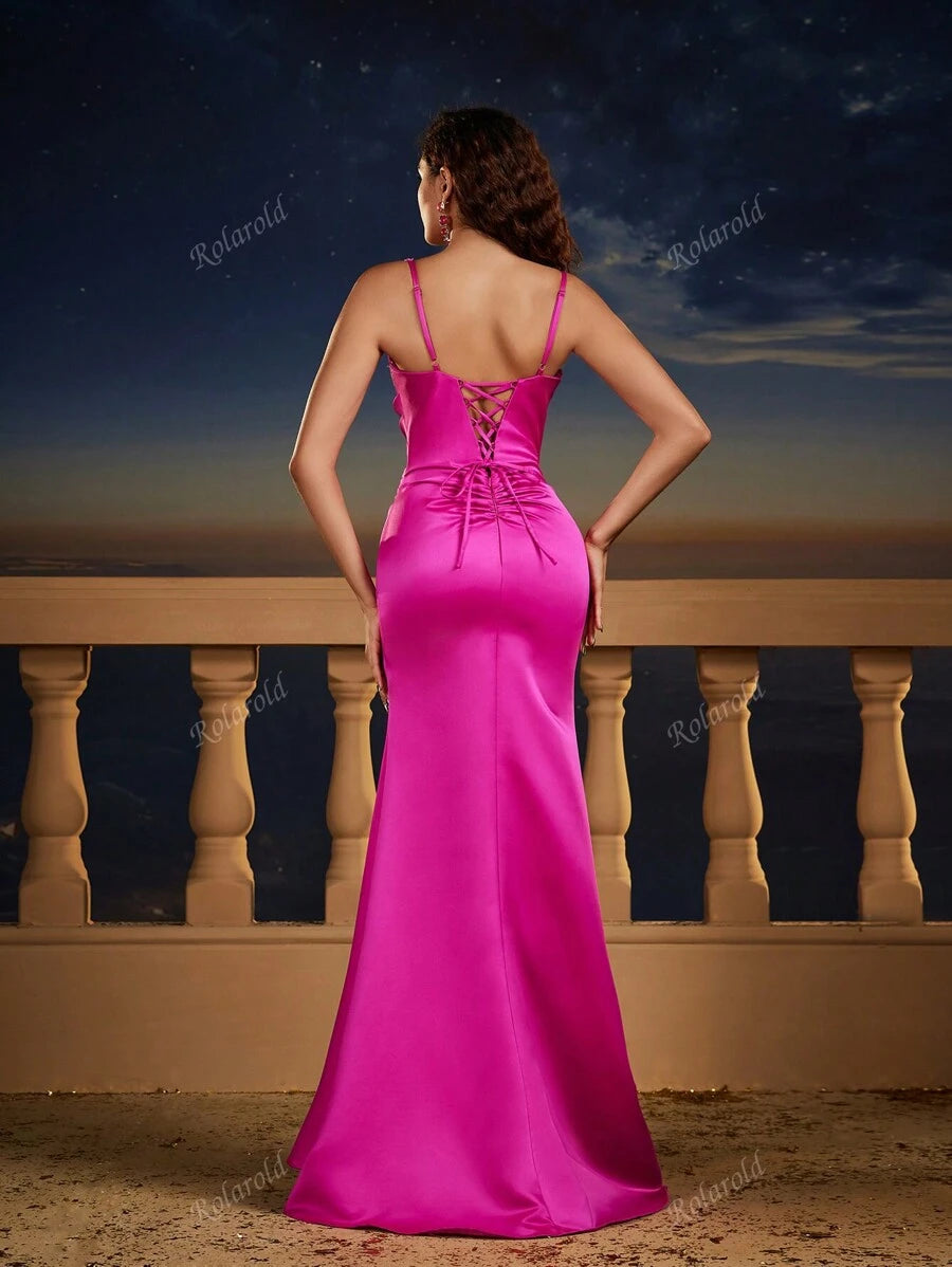 Vestido de fiesta ajustado con cuello en V profundo y parches de lentejuelas para mujer, color fucsia