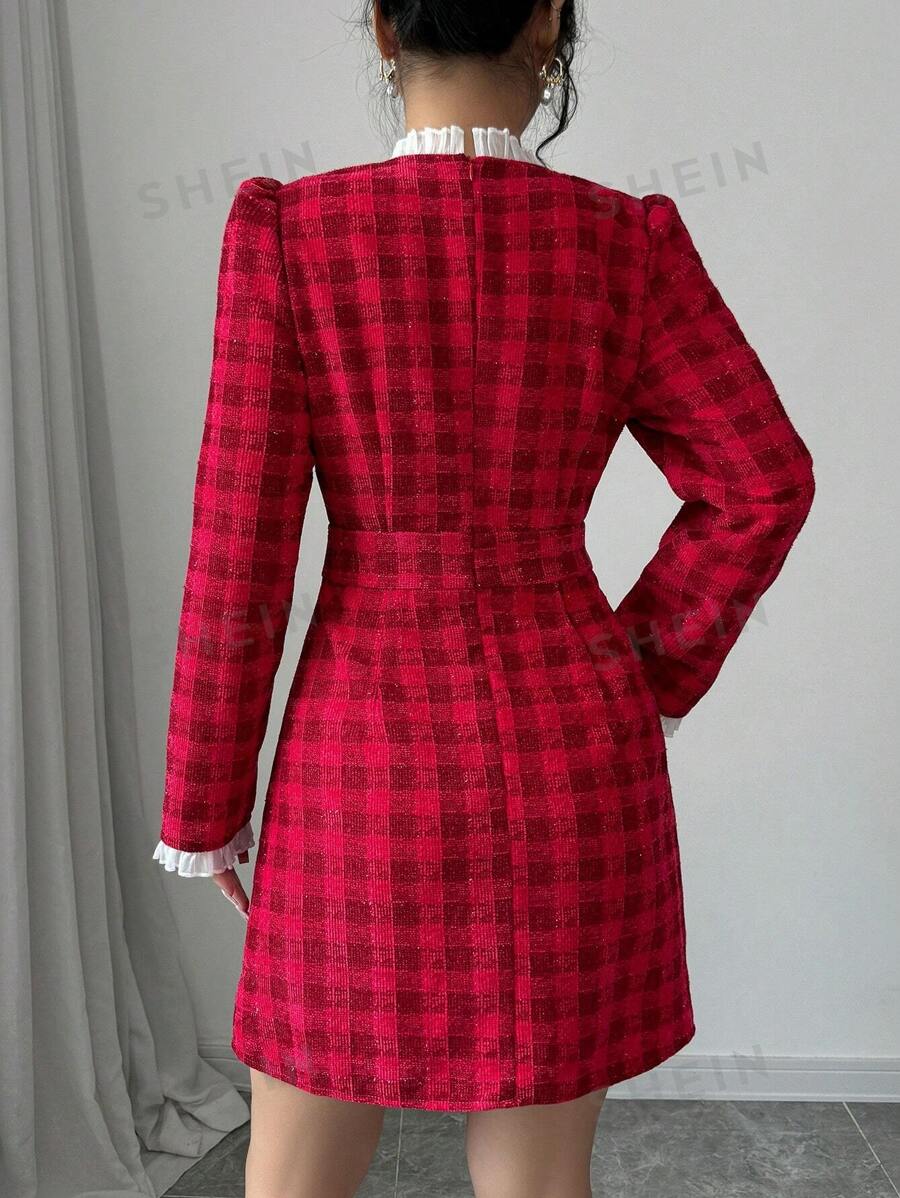 Vestido mini de mujer de tweed grueso con parches y cuadros