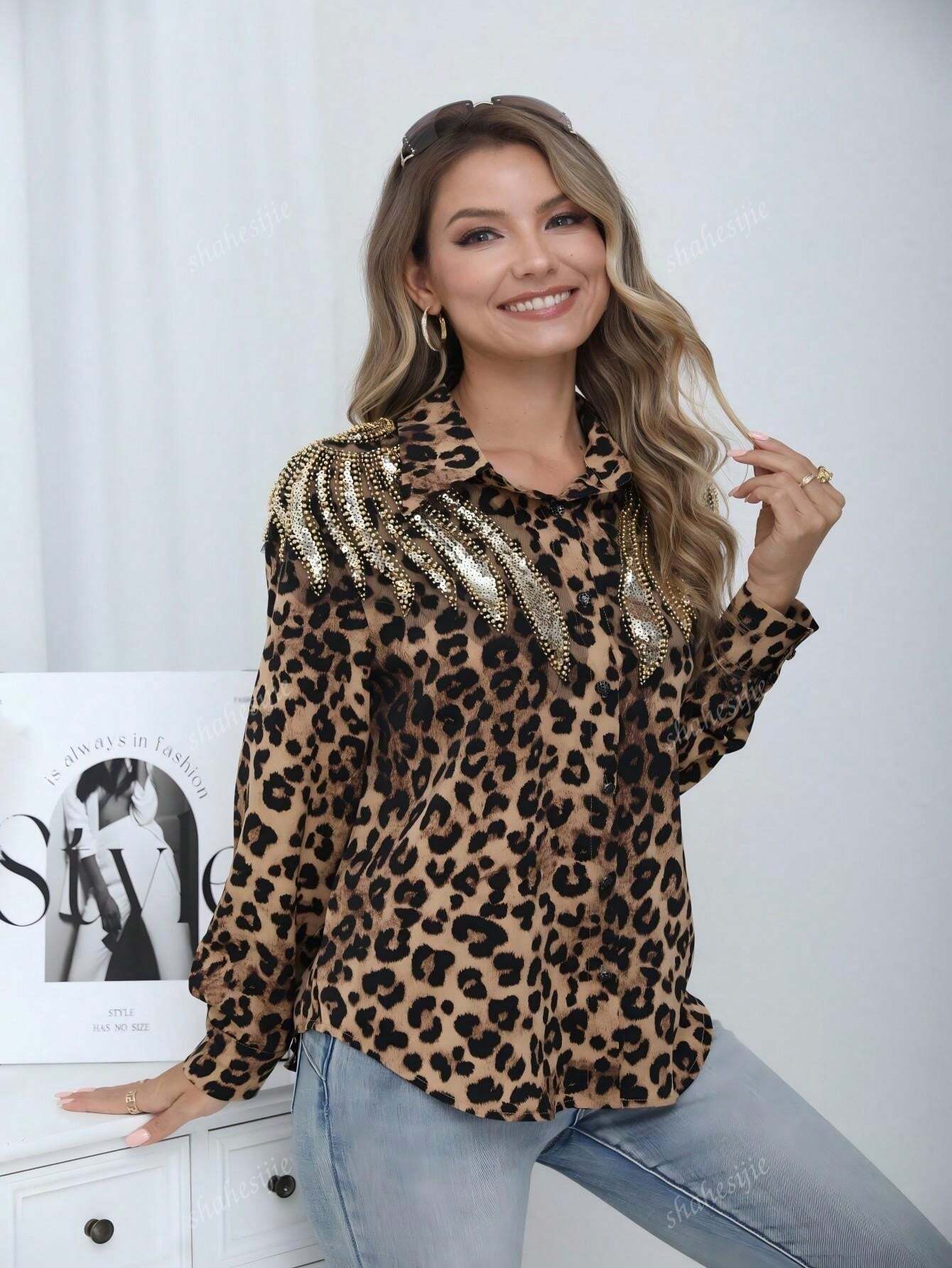 Camisa casual de manga larga con estampado de leopardo