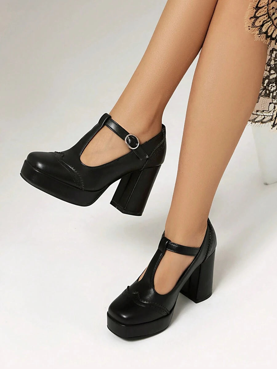 Zapatos de tacón grueso con punta cuadrada,