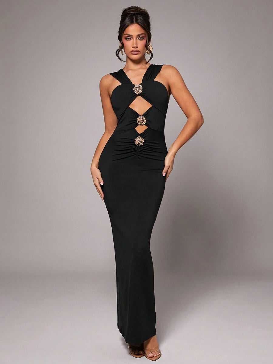 Vestido de mujer de punto elástico negro sólido