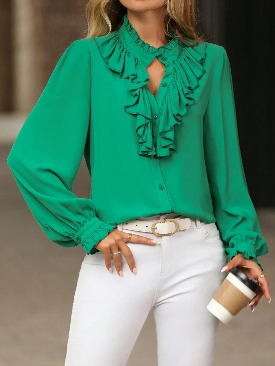 Blusa de manga larga elegante verde con cuello con volantes