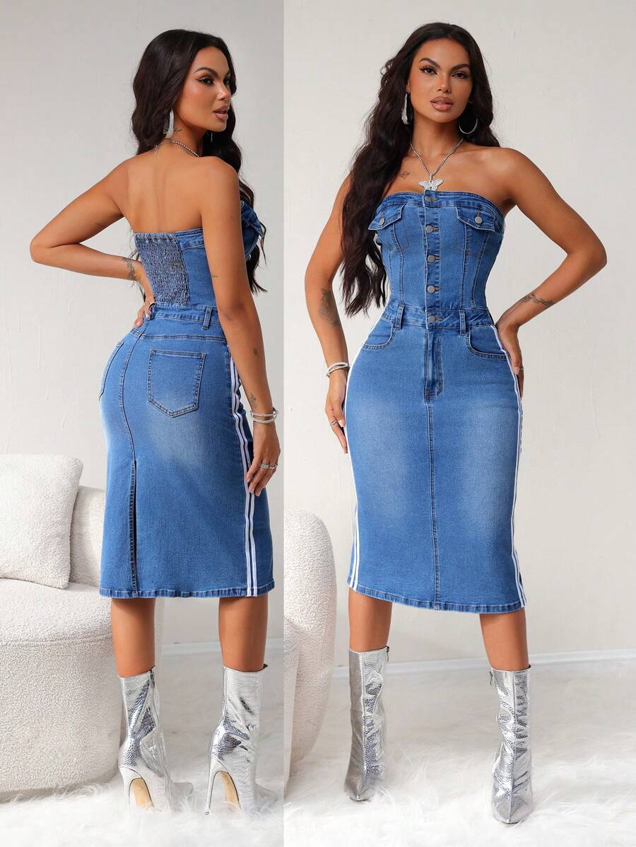 Vestido de tubo ajustado de jean con bloques de color y rayas para mujer