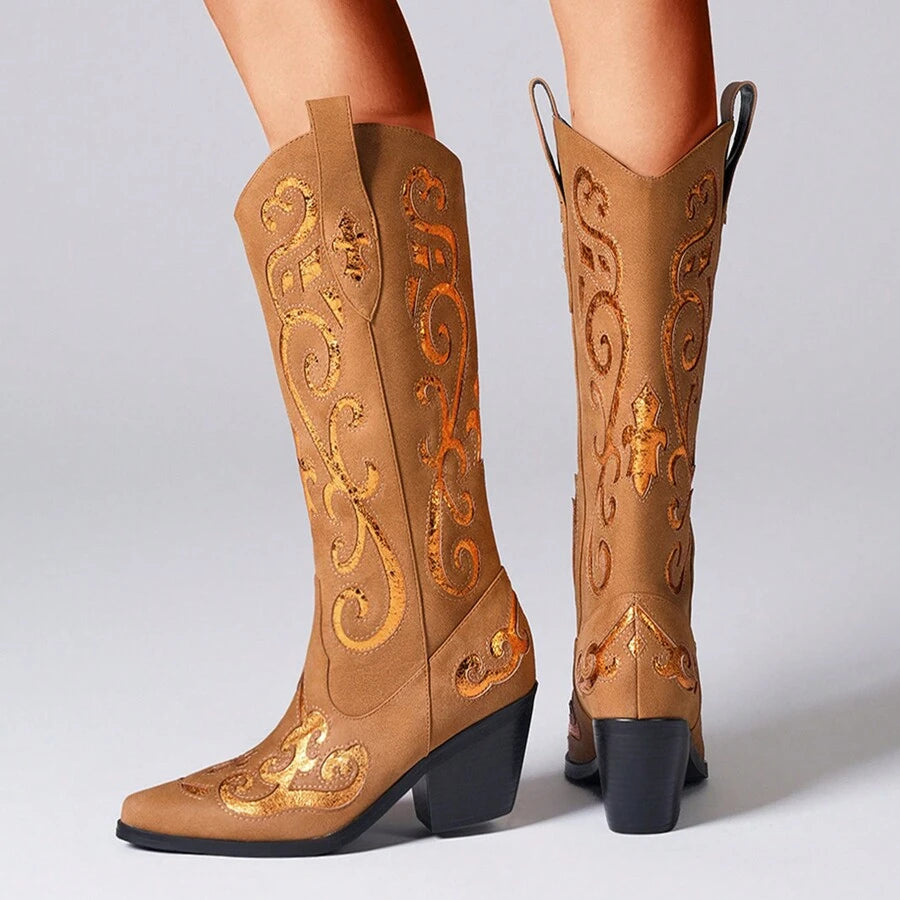 Botas vaqueras clásicas vintage con bordados en plata metalizada para mujer