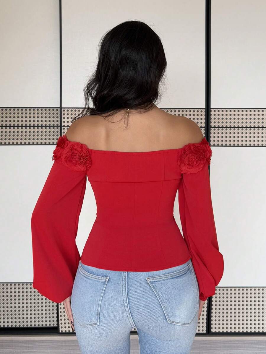 Blusa roja con estampado floral, elegante, ceñida, de hombro descubierto