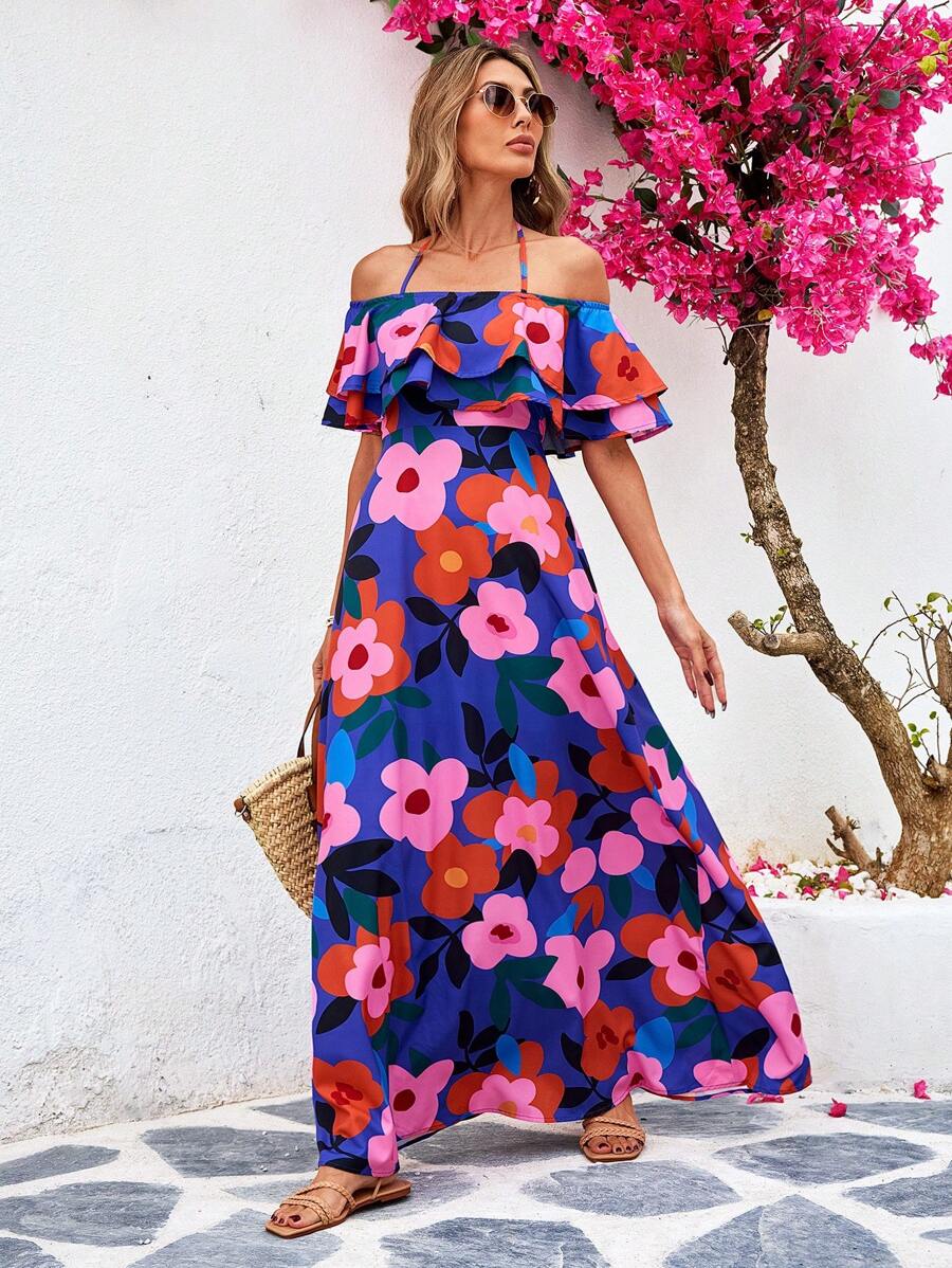 Vestido de mujer estampado con hombros