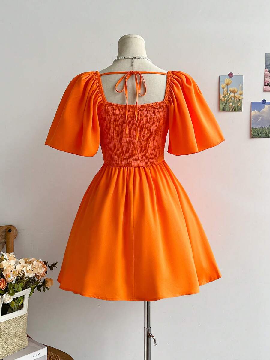 Vestido mini de línea A de manga de globo con cintura fruncida