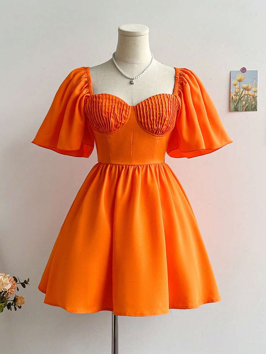 Vestido mini de línea A de manga de globo con cintura fruncida
