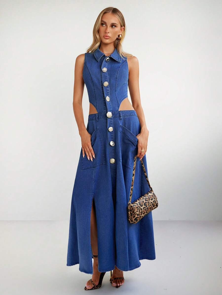Vestido sin mangas elegante y vintage de estilo callejero para mujeres, primavera