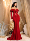 Vestido de gala romántico rojo de manga larga