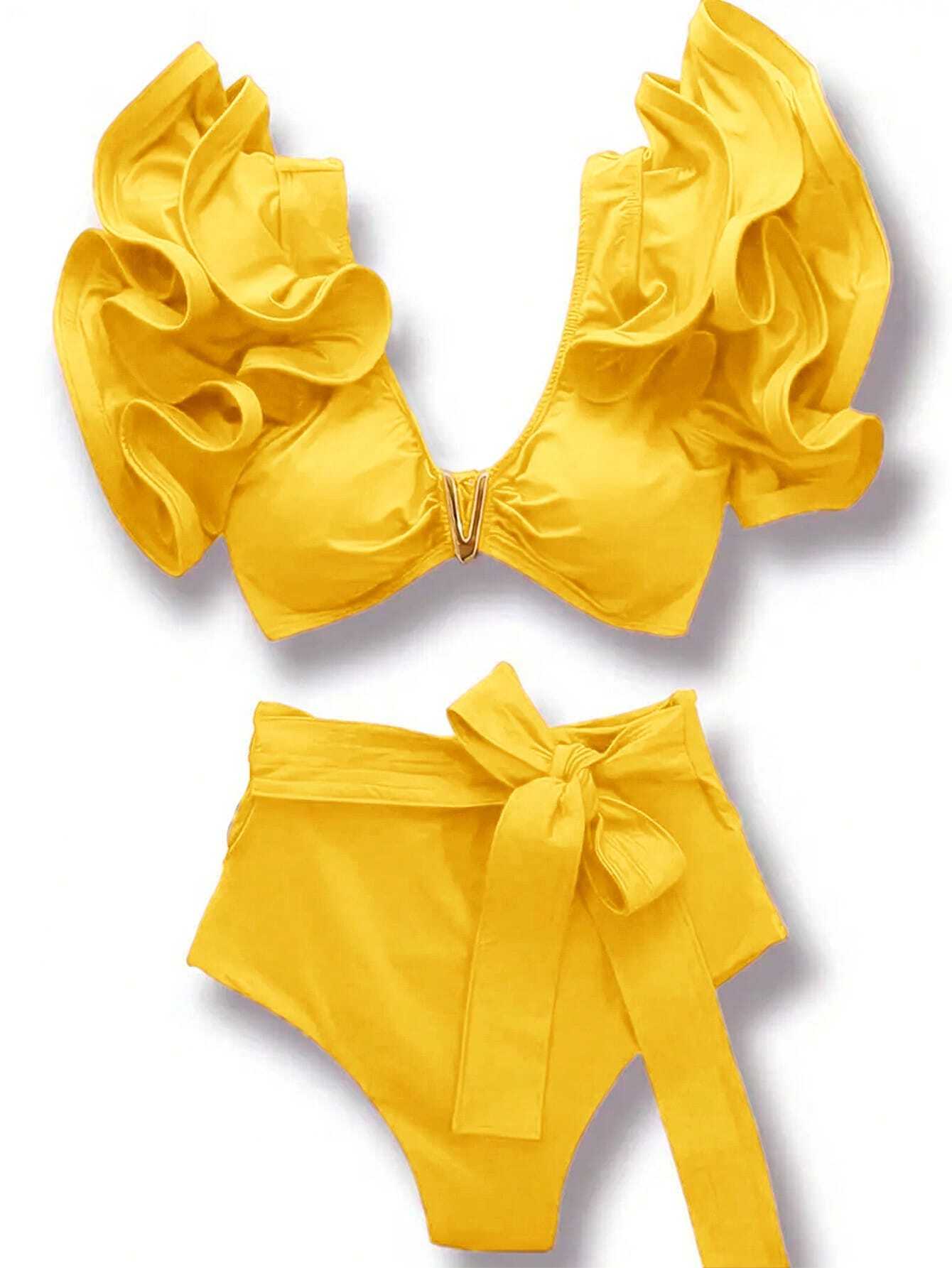 Conjunto de bikini de 2 piezas 2025 de unicolor con volantes