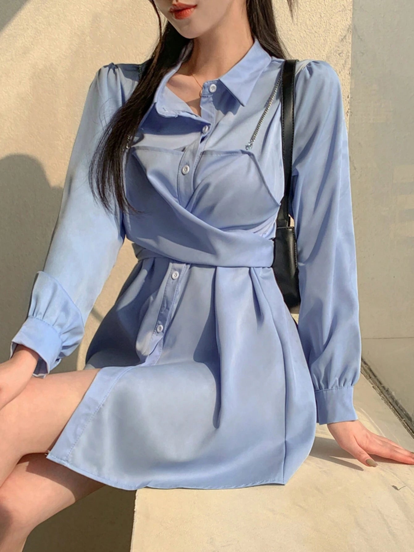 Vestido Corto De Estilo De Camisa De Manga Larga Para Mujer