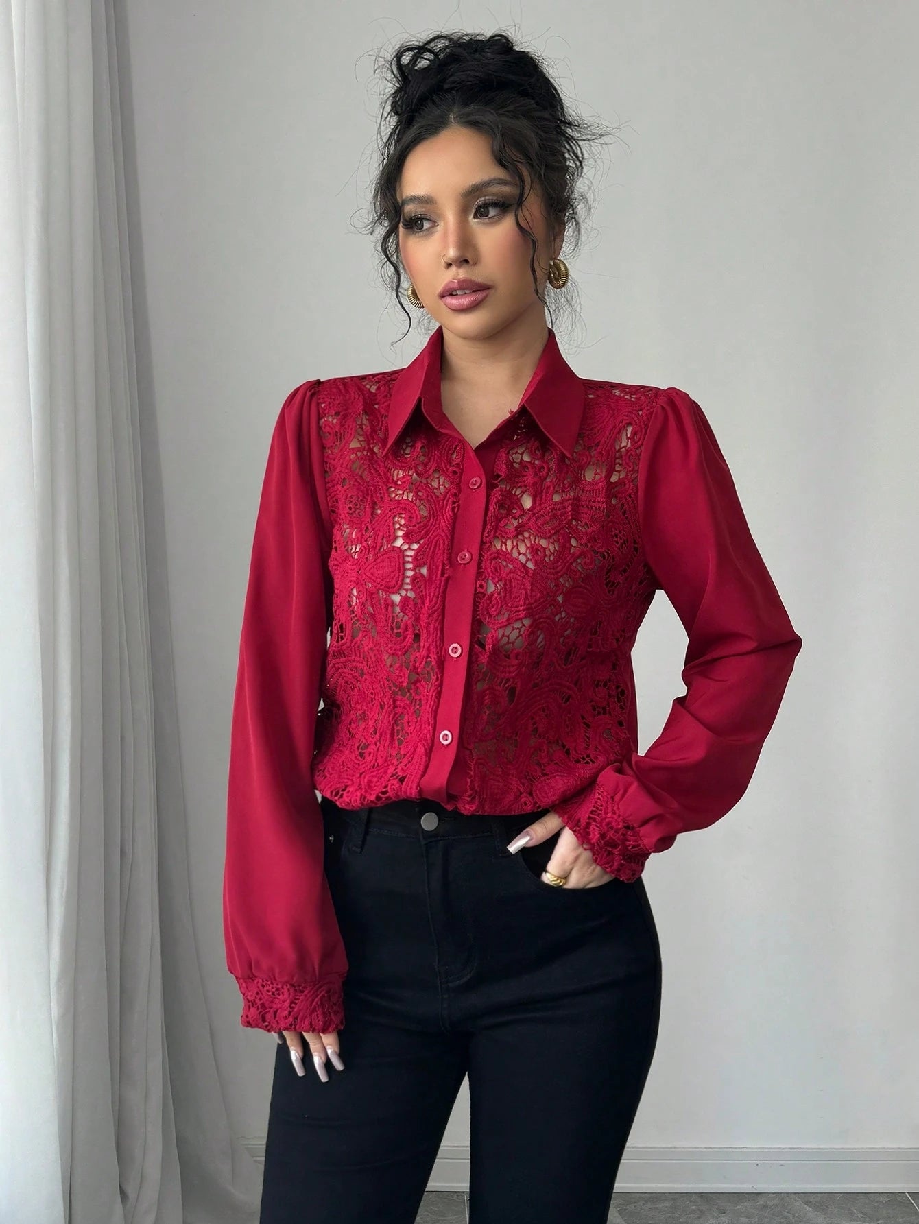 Camisa larga elegante de manga larga con patchwork para mujer