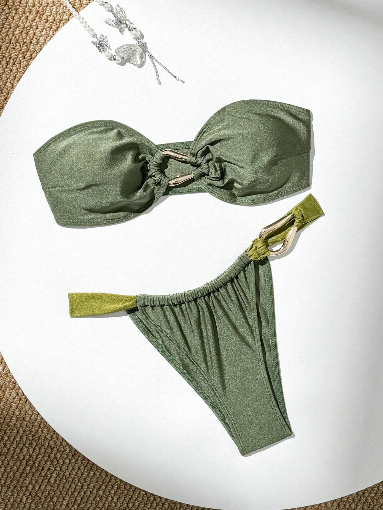 Conjunto de bikini sexy de dos piezas estilo bandeau de unicolor para mujer