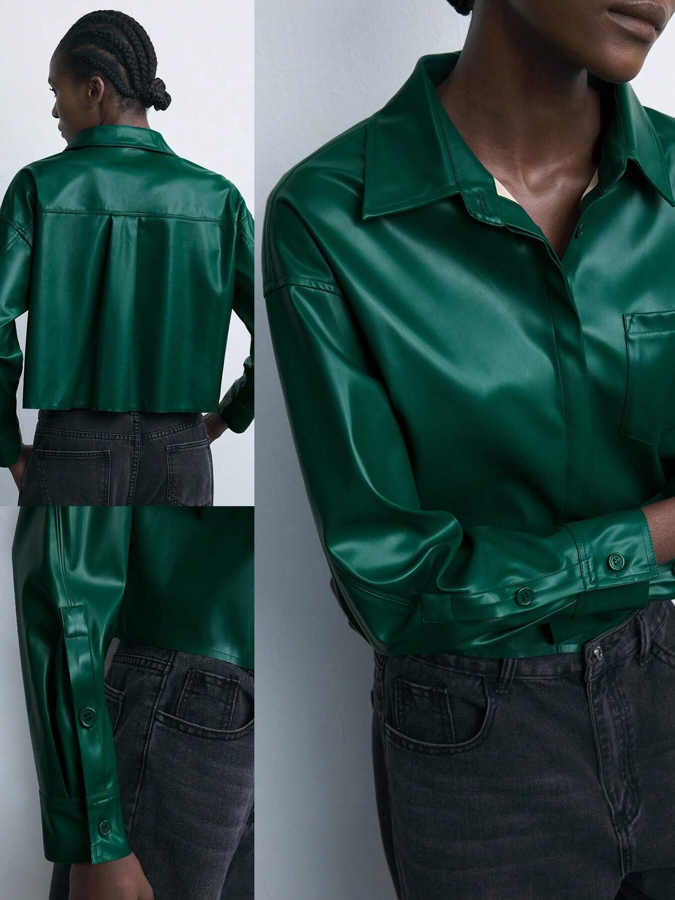 Blusa de piel de PU verde moca elegante