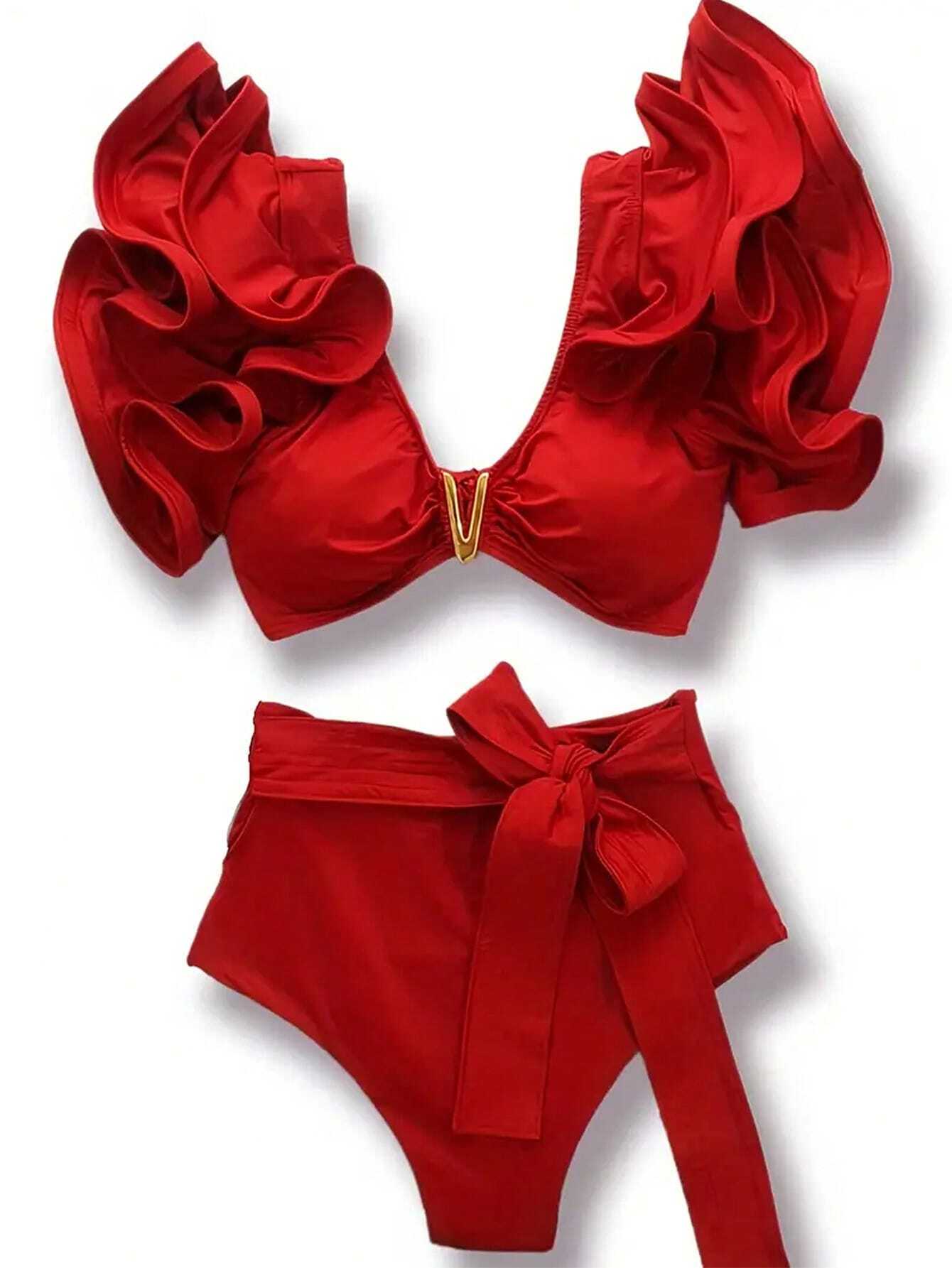 Conjunto de bikini de 2 piezas 2025 de unicolor con volantes