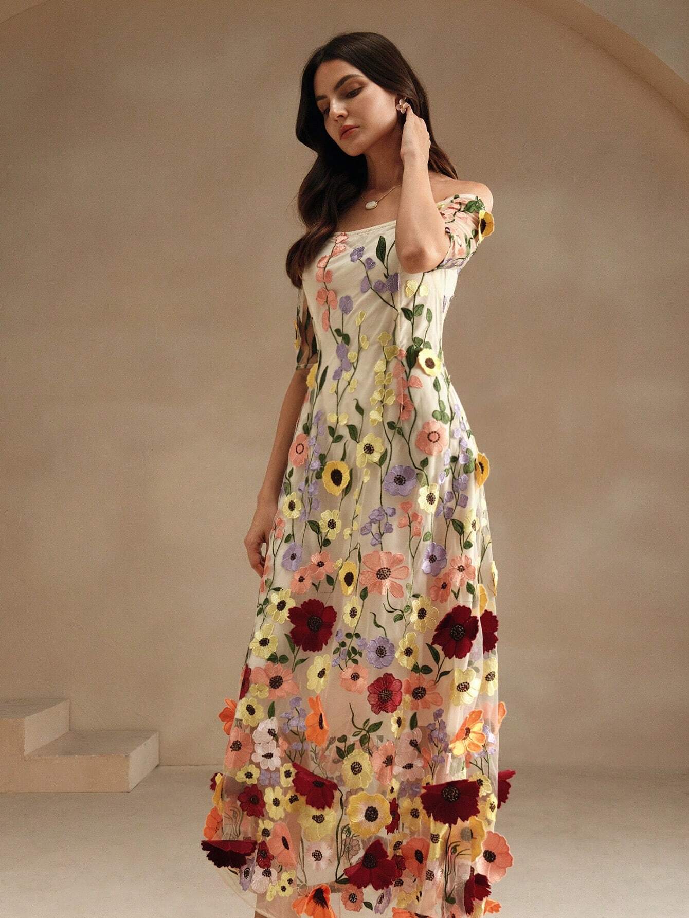 Vestido de malla con flores tridimensionales elegante de verano para damas