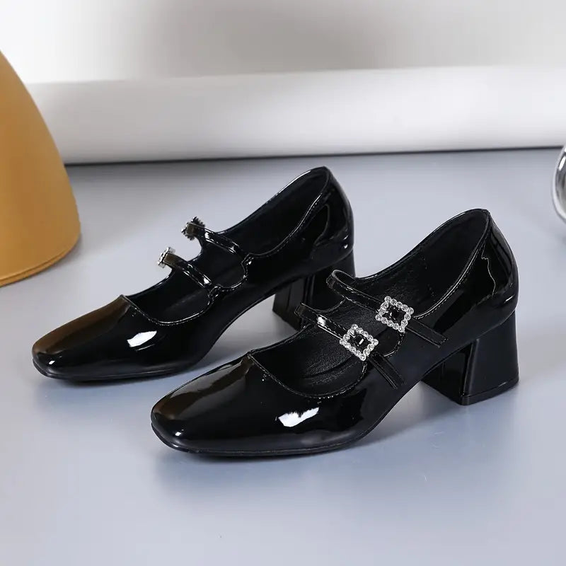 Zapatos de Tacón Retro para Mujer Cuero Charol de Lujo Correas Dobles con Hebilla