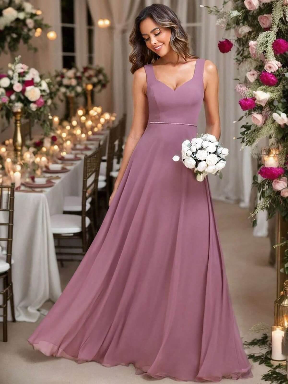 Vestido de vestir escote corazón cuello maxi de gasa