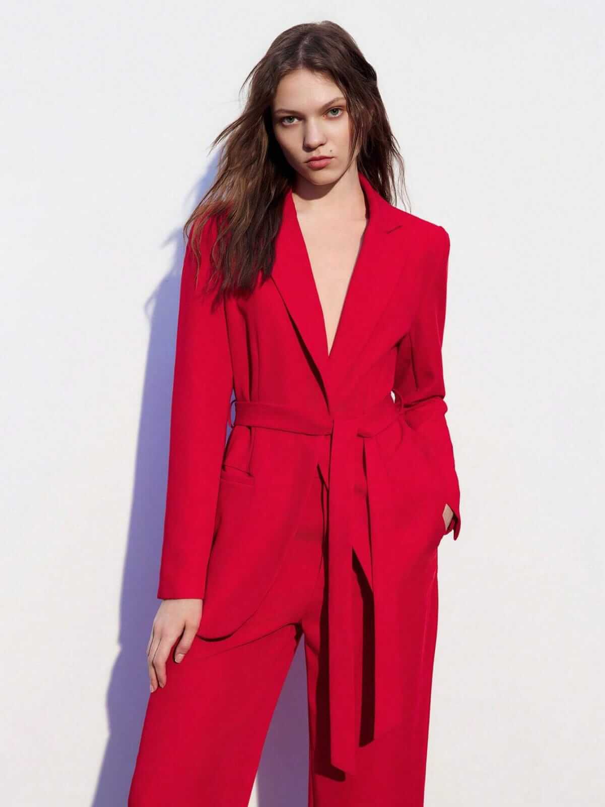 Conjunto De Traje De Chaqueta Y Pantalón Para Mujer Con Solapa Acanalada De Color Sólido