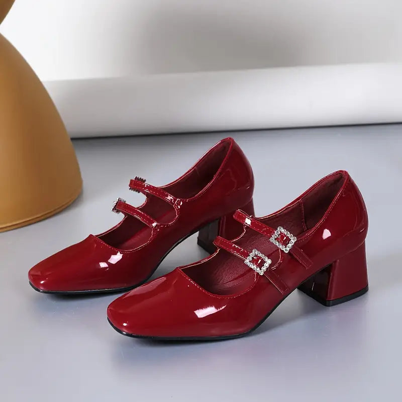 Zapatos de Tacón Retro para Mujer Cuero Charol de Lujo Correas Dobles con Hebilla