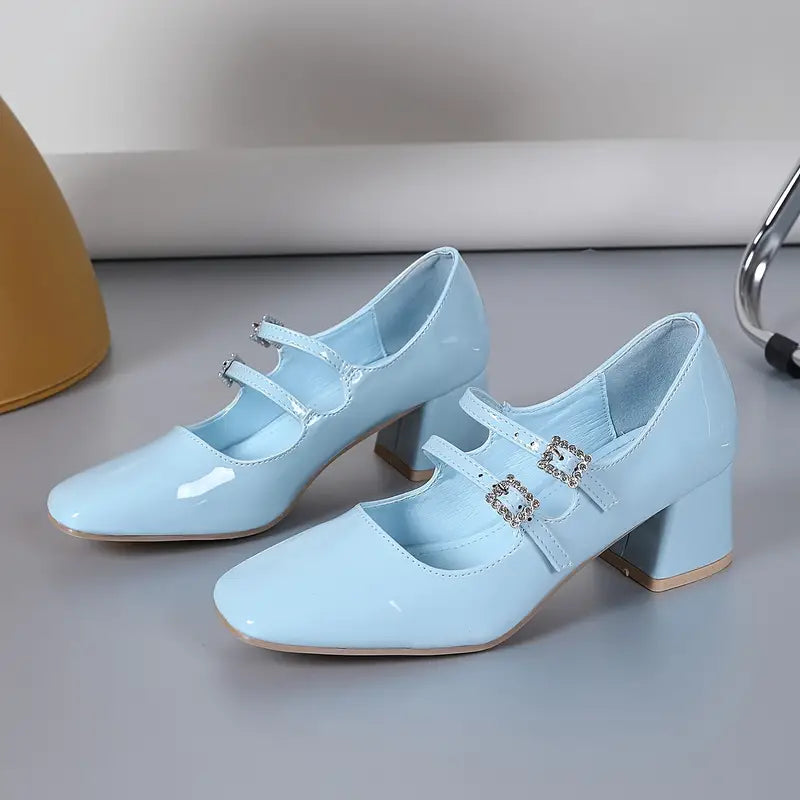 Zapatos de Tacón Retro para Mujer Cuero Charol de Lujo Correas Dobles con Hebilla