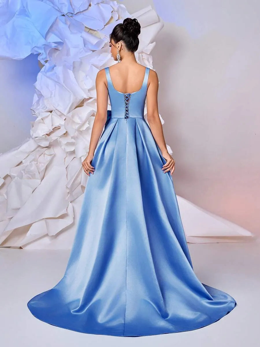 Vestido elegante falda larga de satén con diseño de flores 3D