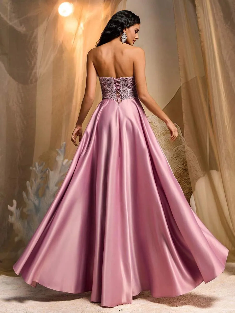 Vestido largo de satén rosado loto