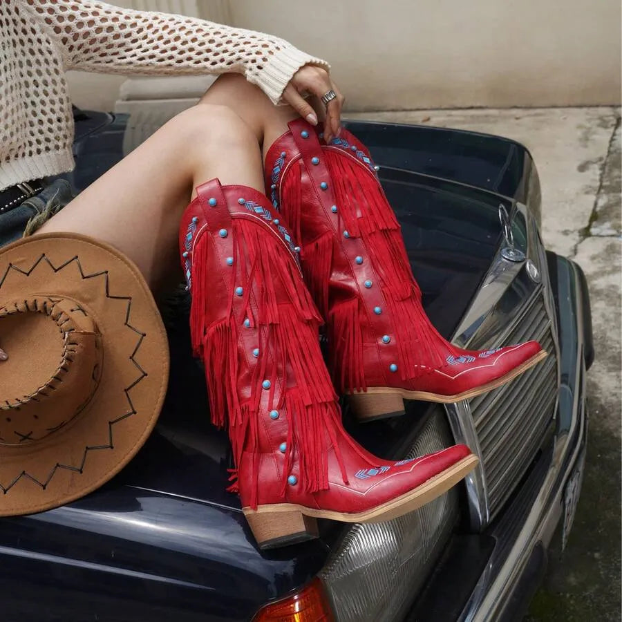Botas vaqueras para mujer con tacón de bloque y flecos