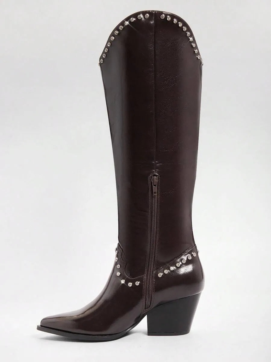 Botas altas de tacón de bloque con remaches, elegantes