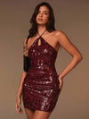 Vestido mini halter de mujer de unicolor con lentejuelas