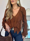 Blusa casual de gasa con cuello en V, volantes