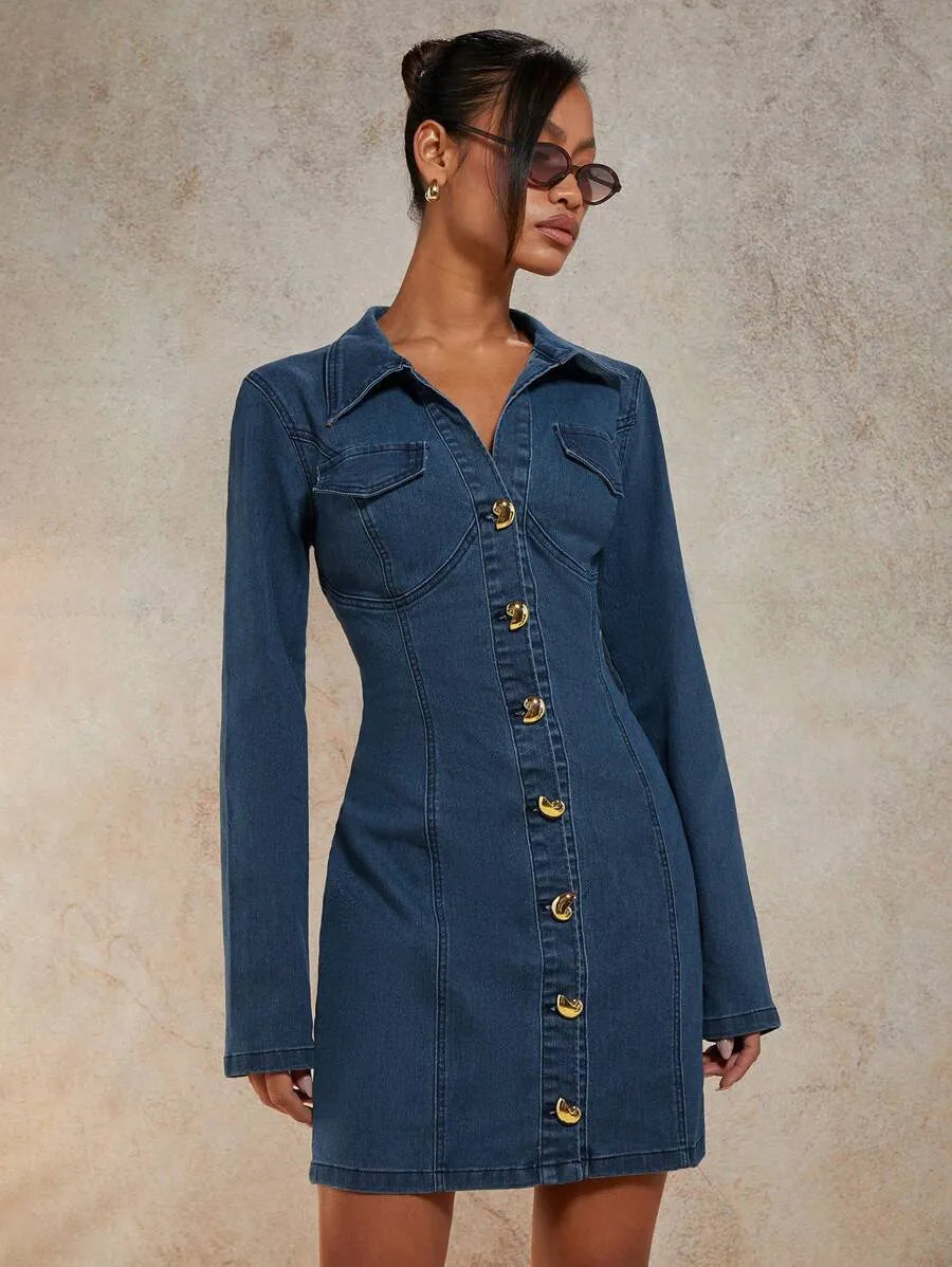 Vestido vaquero casual de manga larga con un solo abotonado