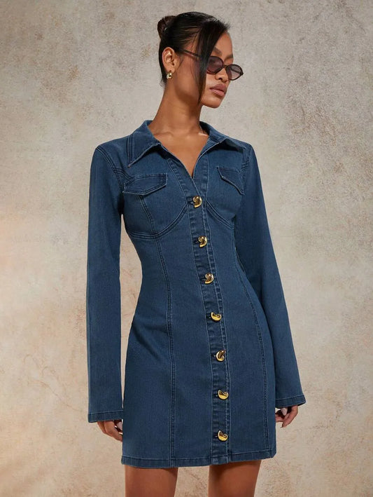 Vestido vaquero casual de manga larga con un solo abotonado