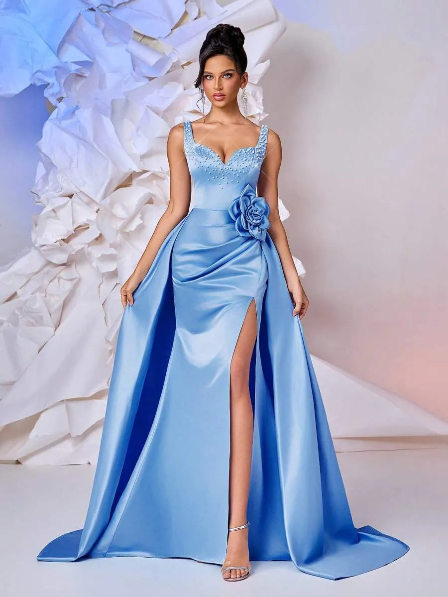 Vestido elegante falda larga de satén con diseño de flores 3D