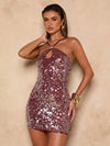 Vestido mini halter ajustado de mujer con lentejuelas sólidas