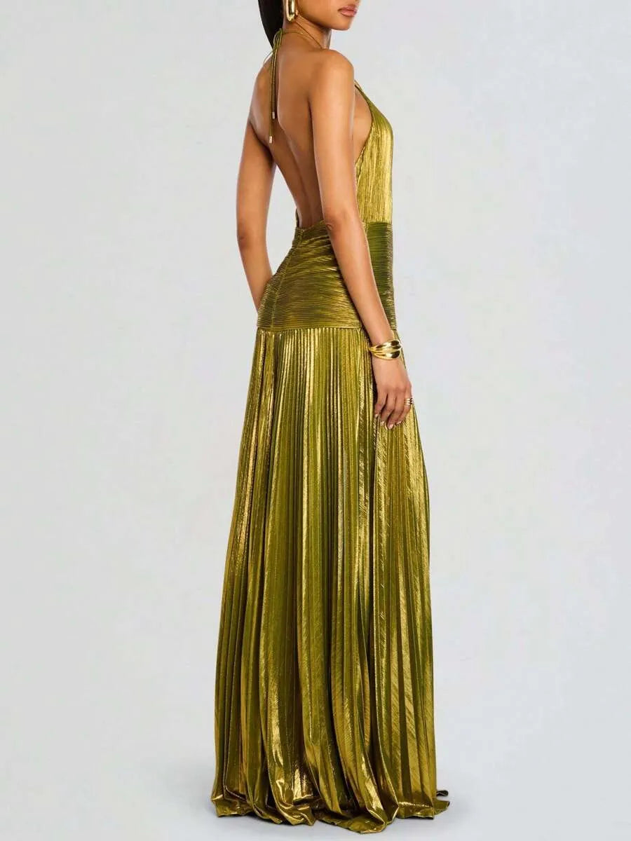 Vestido largo plisado metalizado
