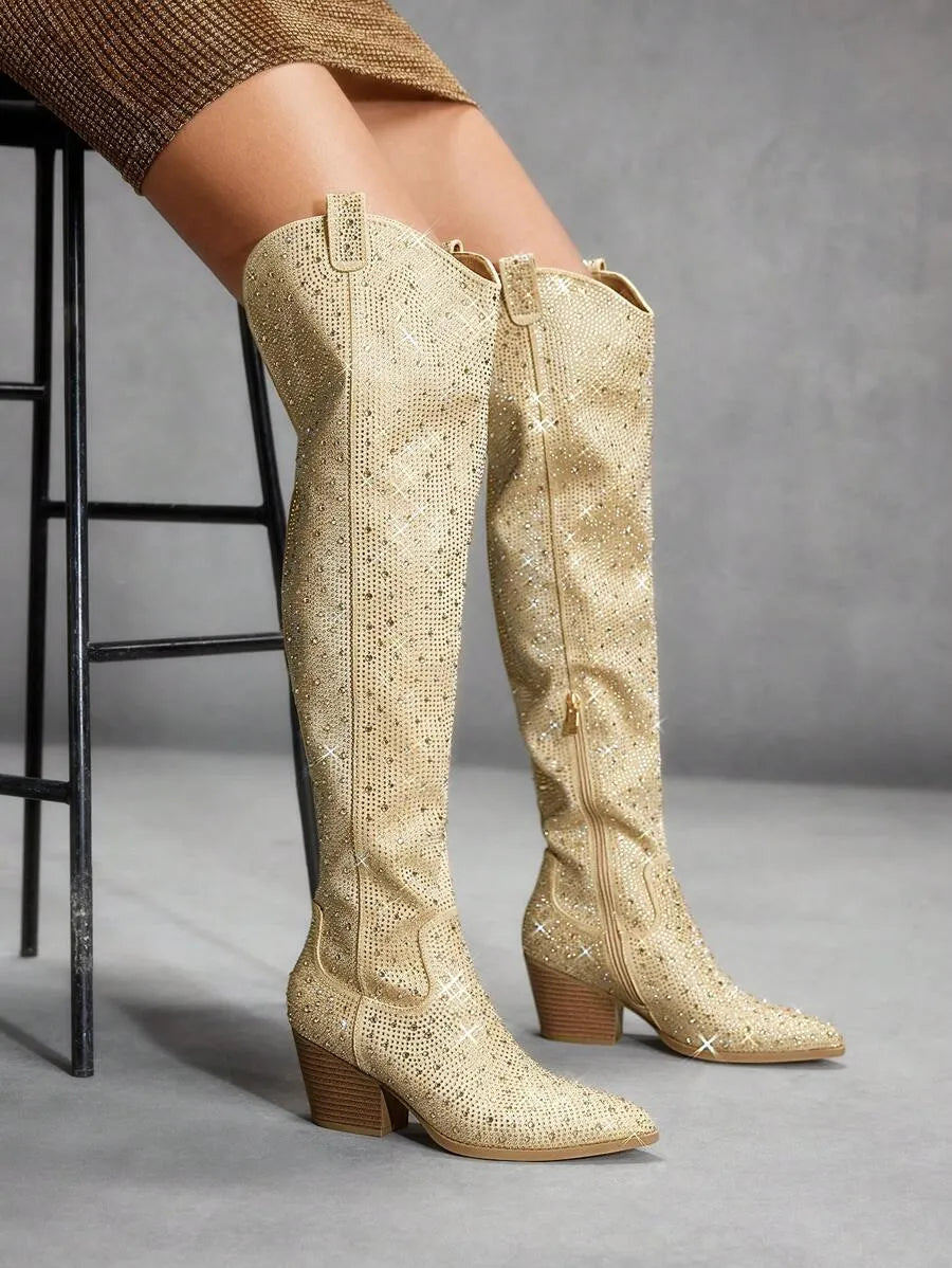 Botas por encima de la rodilla de cristal de moda