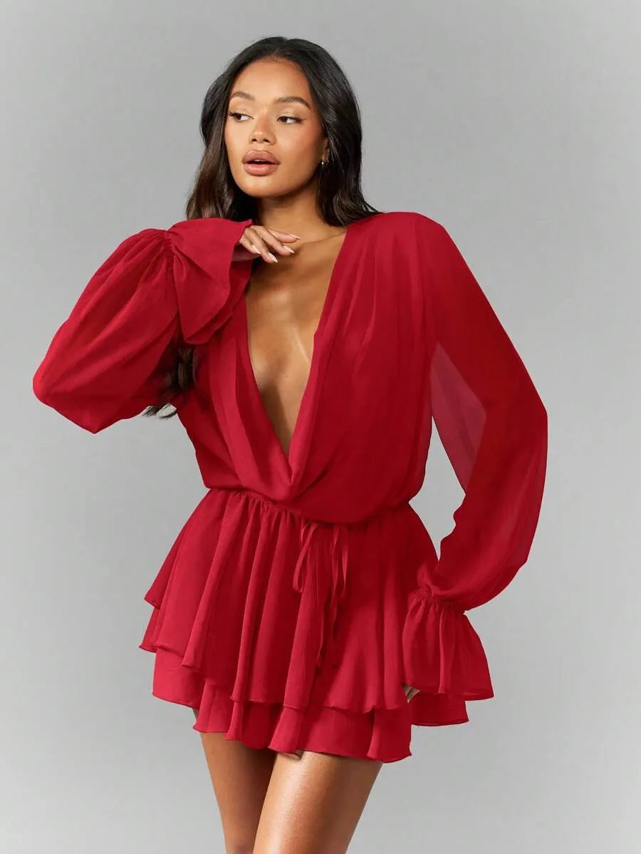 Vestido mini envolvente de chifón de manga larga