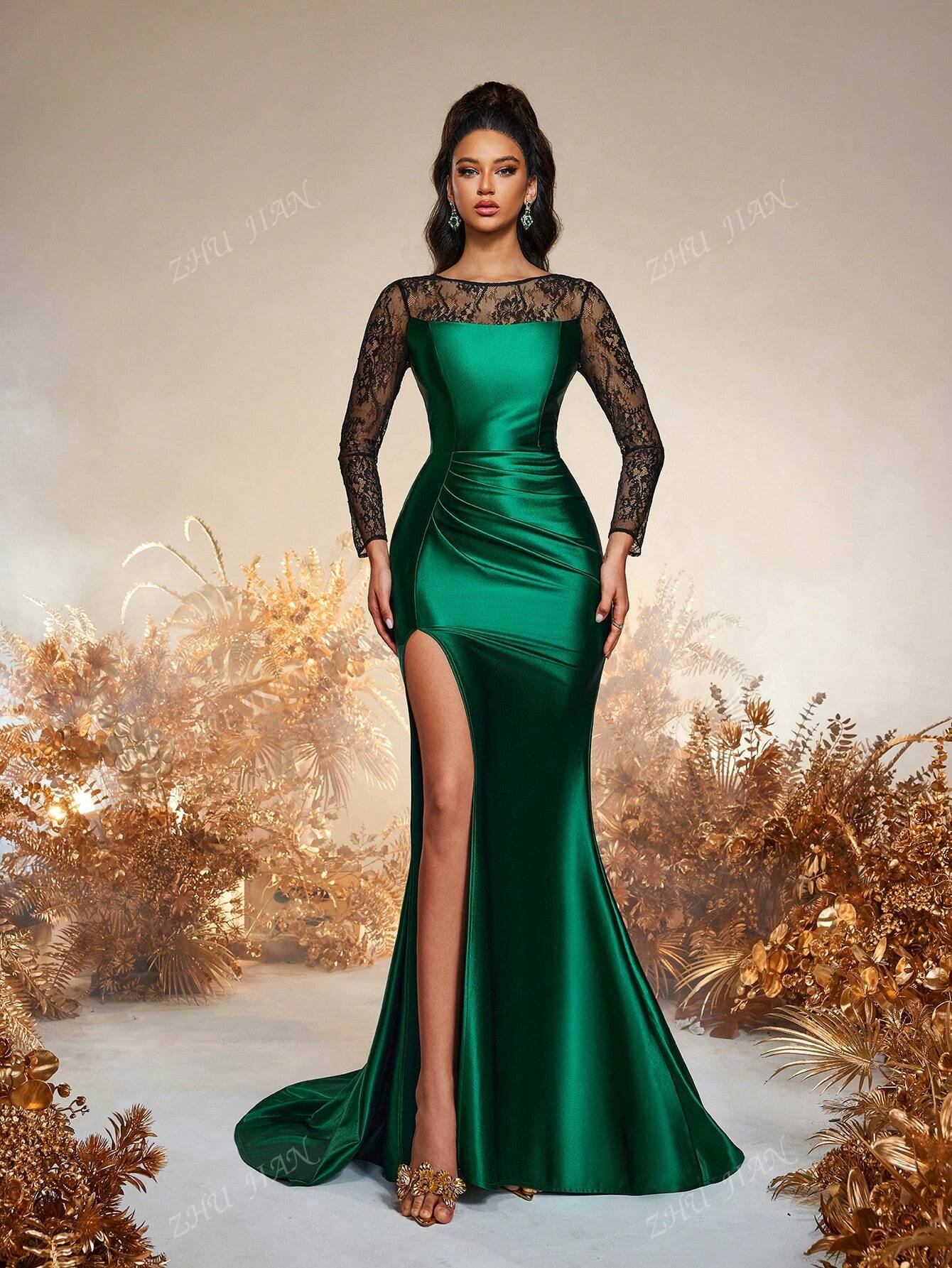 Elegante vestido formal de fiesta para mujer con cuello redondo, mangas largas