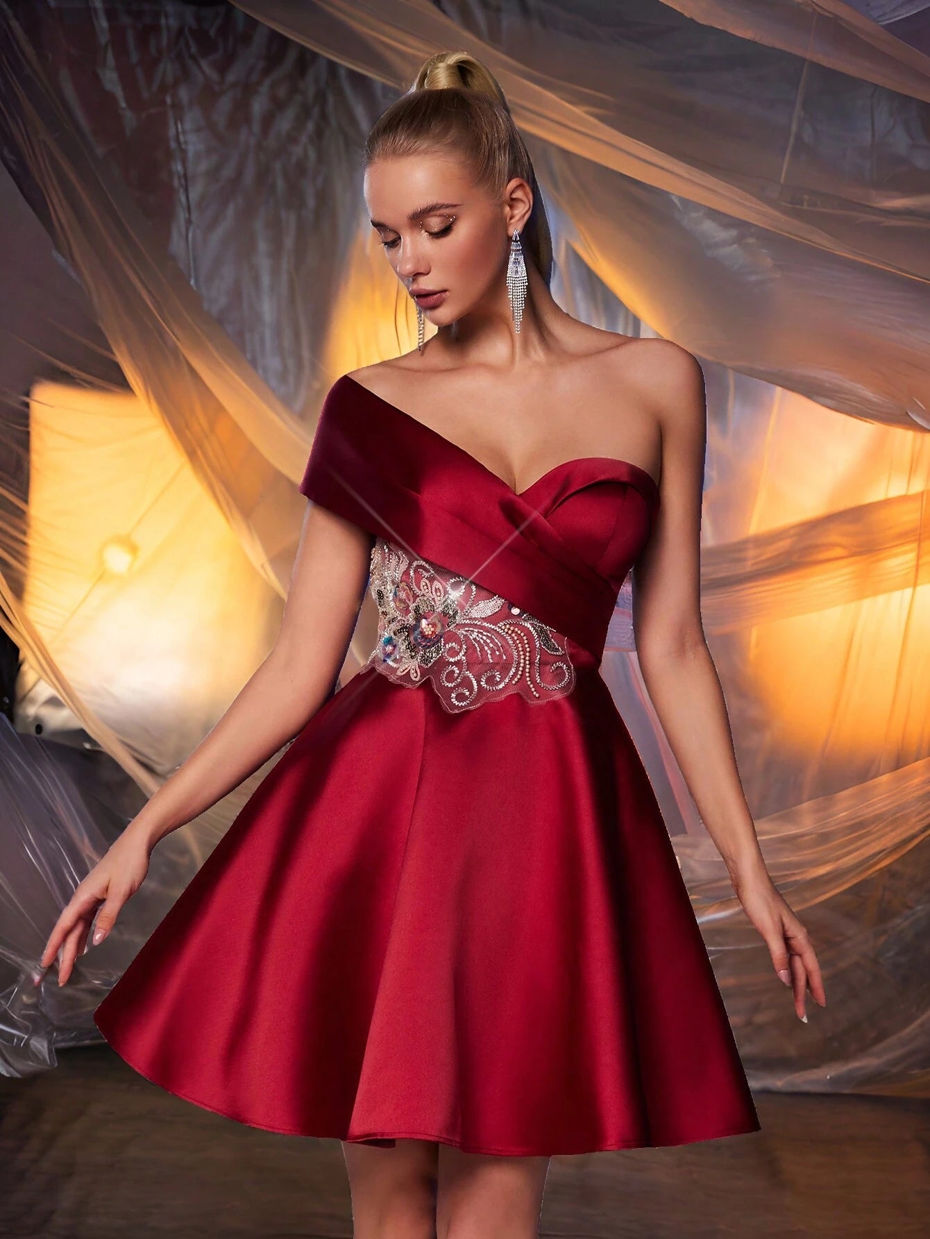 Vestido Elegante y glamoroso impresionante  corto de gala rojo